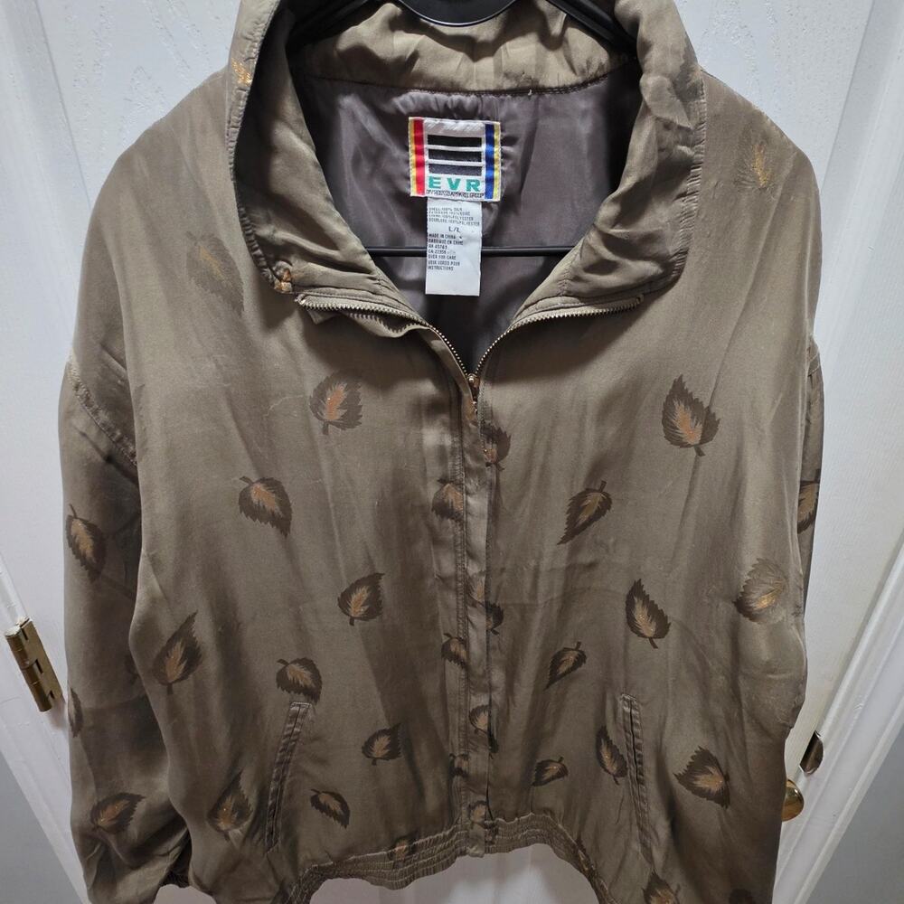 Vintage EVR 100% Silk Bomber Jacket Gold Leaf Print Earth Tone Size L